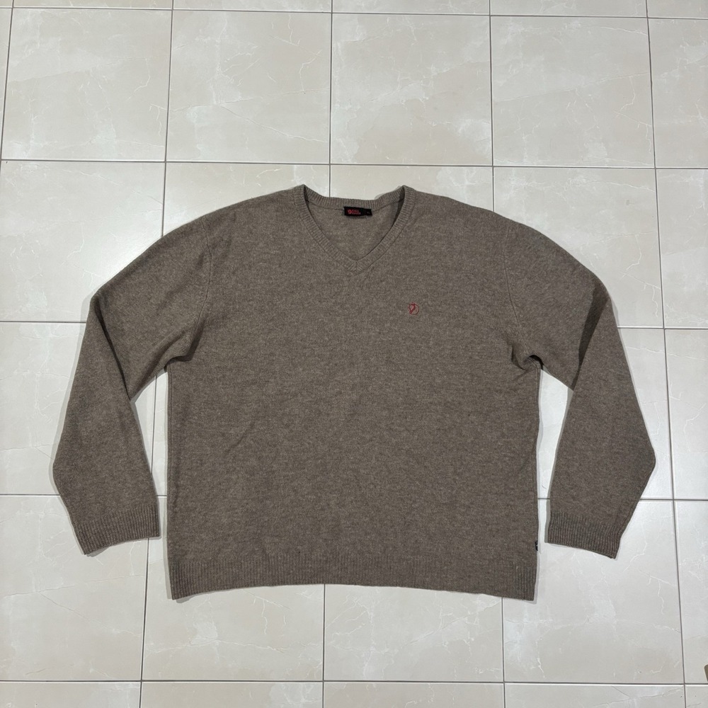 Fjallraven V Neck Lambs Wool Sweater Men's XL Brown Pullover Gorp Core Red Fox